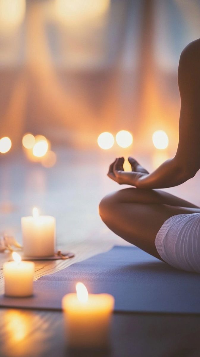 Guest meditating in lotus pose by candlelight