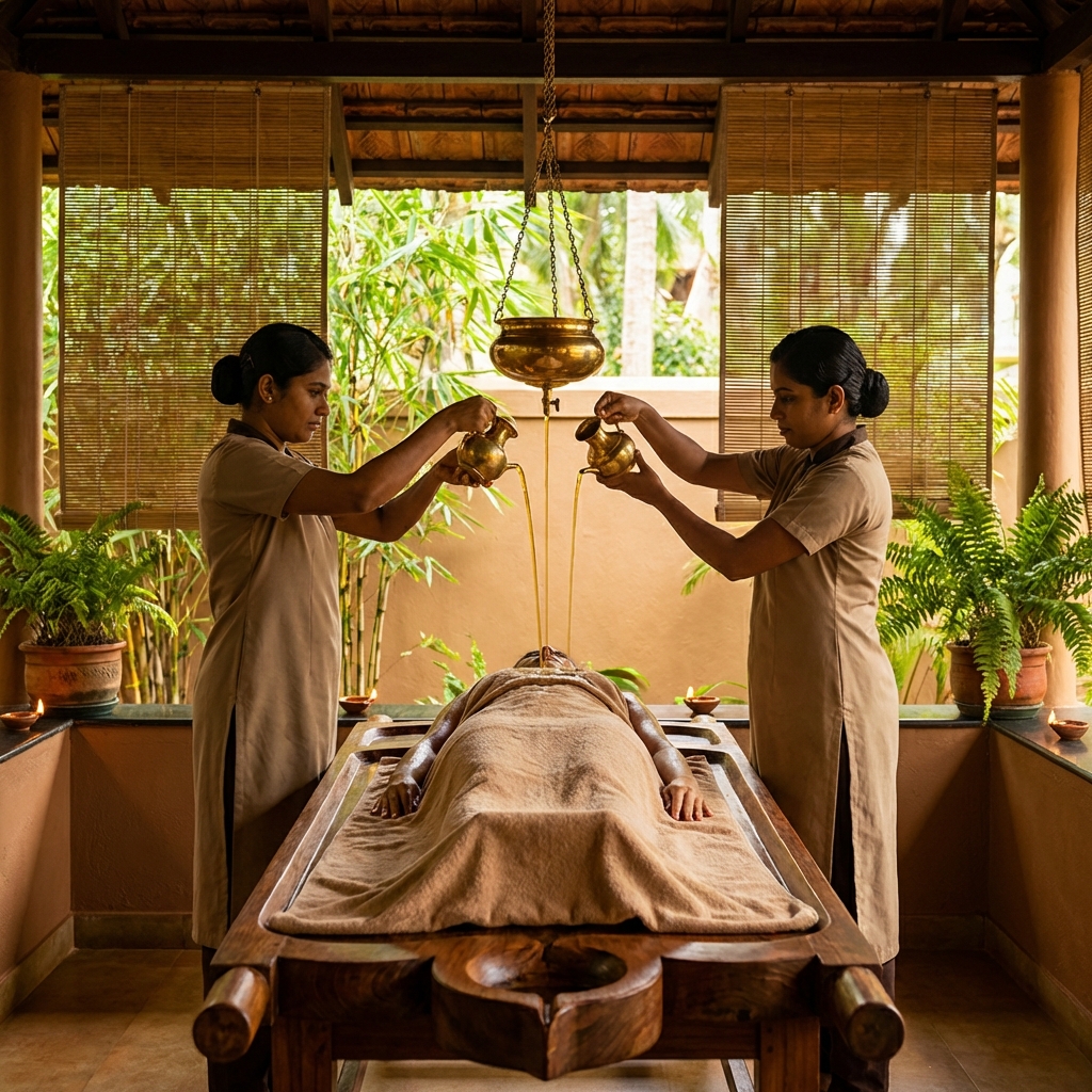 Therapists performing a traditional Pizhichil oil bath ritual