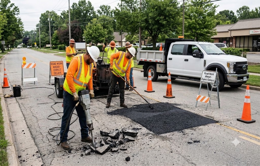 Worker repairing a road for Peerona Clinic